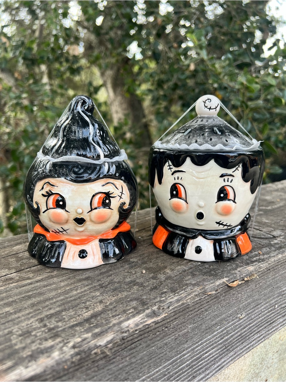 JOHANNA PARKER FRANKENSTEIN AND BRIDE OF FRANKENSTEIN FIGURAL BOWL SET WITH LIDS